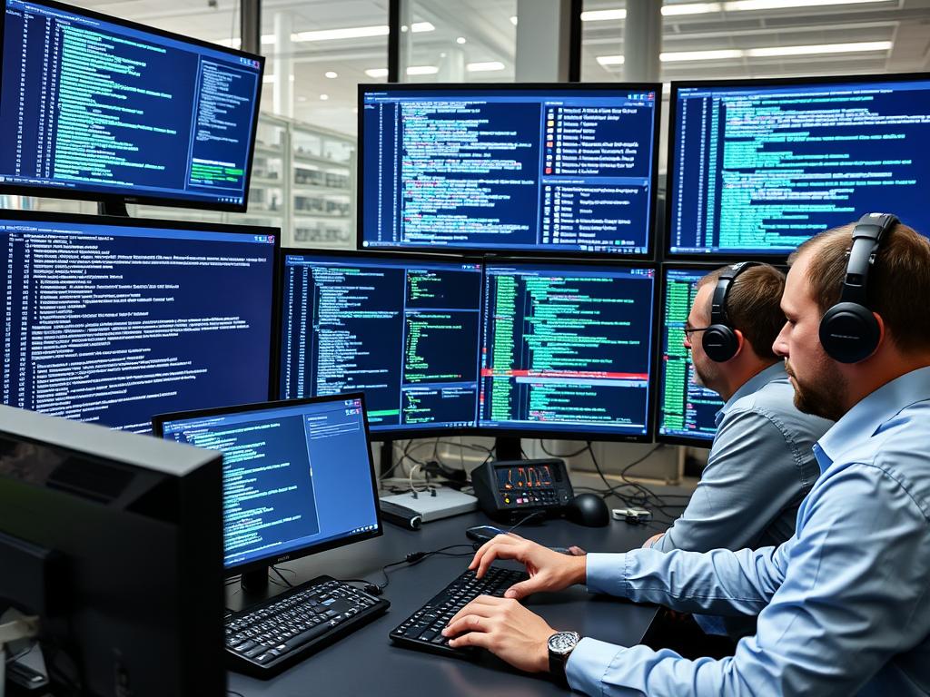 Especialistas em segurança blockchain analisando smart contracts para tokenização agrícola