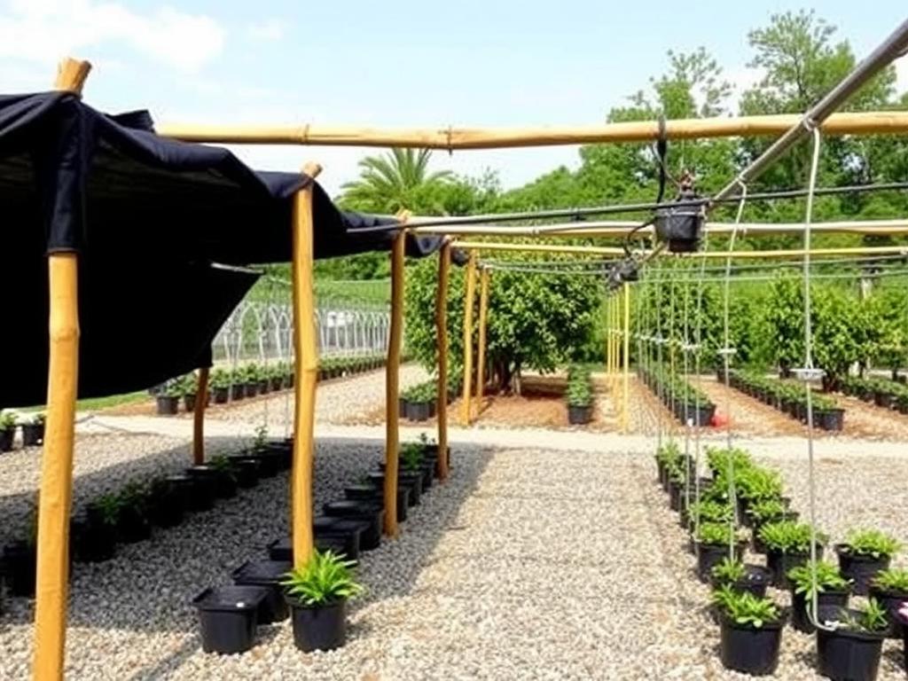 Estrutura básica de um viveiro de mudas com sombrite e sistema de irrigação simples