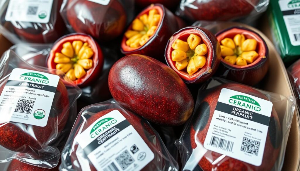 Frutos de maracujá do cerrado embalados para exportação com selo de certificação orgânica