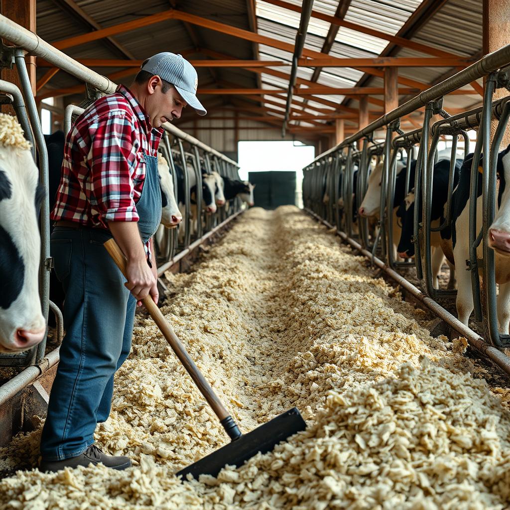 Funcionário realizando manejo em sistema de confinamento para gado leiteiro
