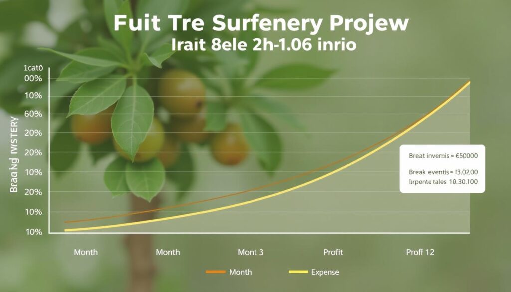 Gráfico mostrando projeção de retorno financeiro de um viveiro de mudas frutíferas ao longo de 36 meses