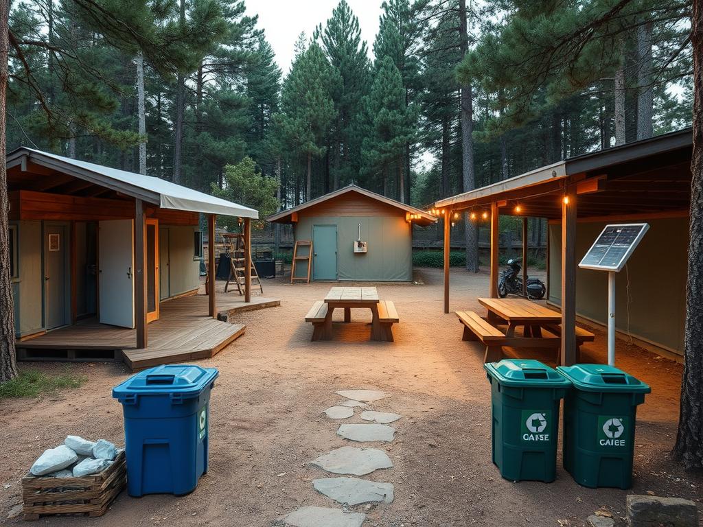 Infraestrutura básica para camping com banheiros e áreas comuns