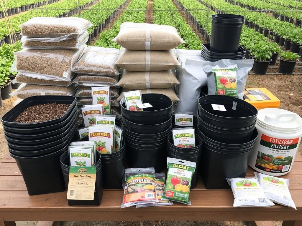 Insumos básicos para produção de mudas frutíferas incluindo substrato, sacos plásticos e sementes