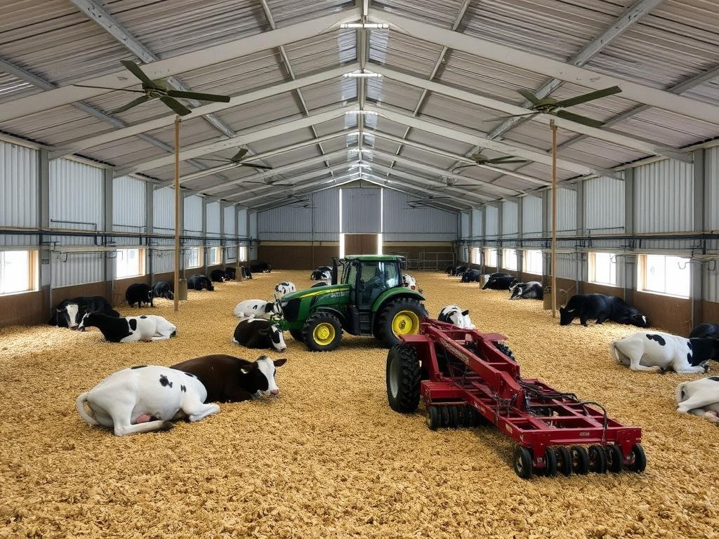 Interior de um galpão Compost Barn com área comum de descanso para vacas