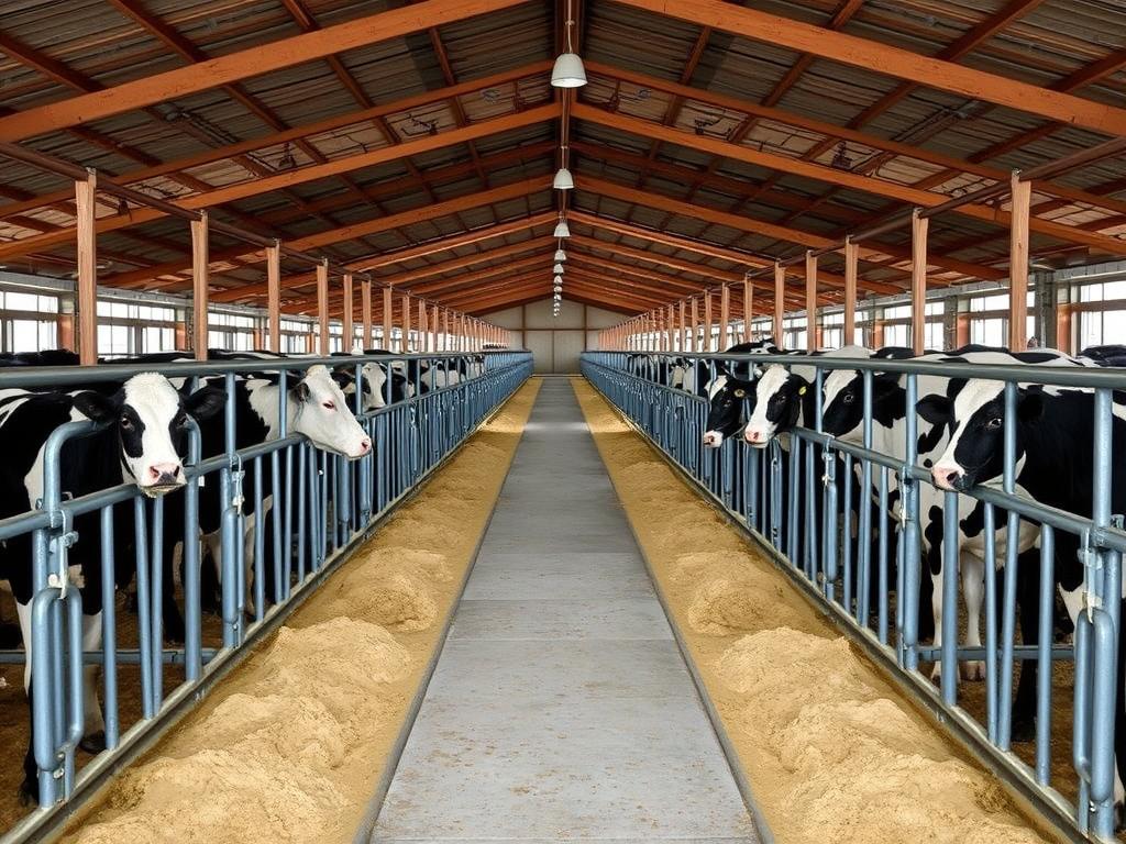 Interior de um galpão Free Stall com camas individuais para vacas leiteiras