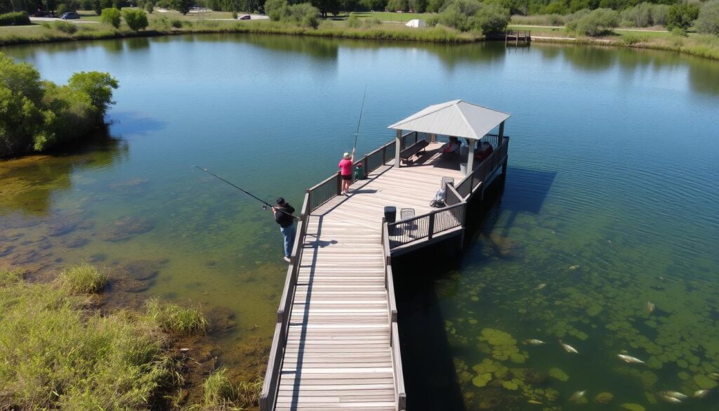 Lago preparado para pesca esportiva com peixes nativos e estrutura para pescadores