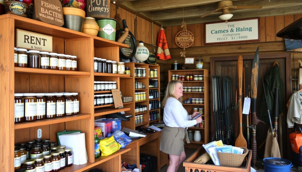 Loja de conveniência em ponto turístico com produtos locais e equipamentos para pesca e camping