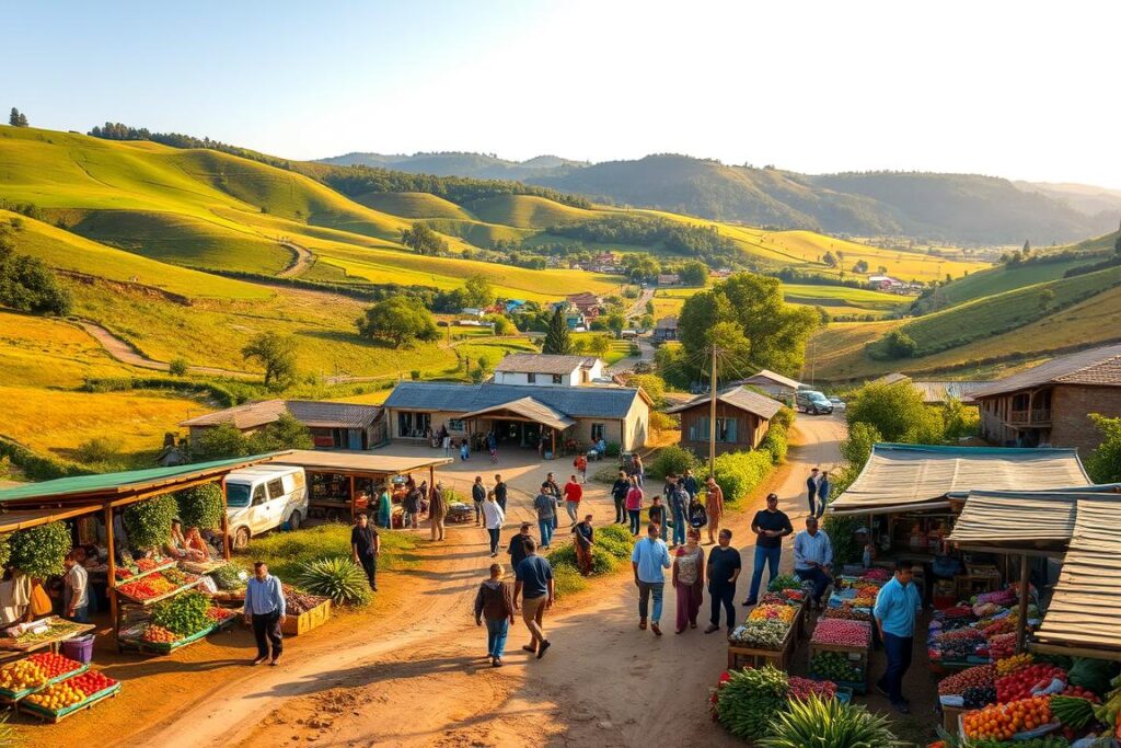 Lush, verdant countryside with rolling hills and winding dirt roads. In the foreground, a thriving rural market bustling with activity - colorful stalls showcasing an abundance of fresh produce, artisanal goods, and local crafts. Farmers and vendors engage in animated discussions, negotiating prices and sharing their wares. The middle ground features a small, quaint town with traditional architecture, its streets lined with small businesses catering to the rural community. In the background, a scenic landscape of pastoral fields, orchards, and wooded areas, basking in the warm, golden glow of the sun. An atmosphere of entrepreneurial spirit, community, and sustainable, profitable rural commerce permeates the scene.