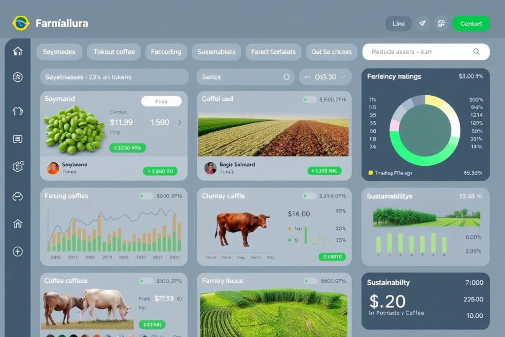 Marketplace de tokens agrícolas mostrando diferentes ativos tokenizados