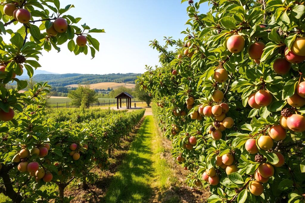 Organic fruit cultivation in a lush, verdant setting. A sunlit orchard with rows of thriving fruit trees - apples, pears, plums, and berries. The foreground shows healthy, vibrant plants with ripe, colorful produce ready for harvest. Dappled light filters through the canopy, casting a warm, natural glow. In the middle ground, a small gazebo or shed provides a rustic focal point. The background features rolling hills, a clear blue sky, and perhaps a distant farmhouse. The overall scene conveys a sense of abundance, tranquility, and sustainable, artisanal production.