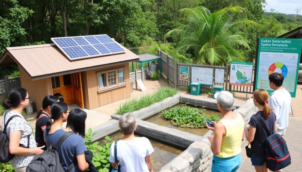 Práticas sustentáveis em ponto turístico com pesca e camping, como energia solar e tratamento de água
