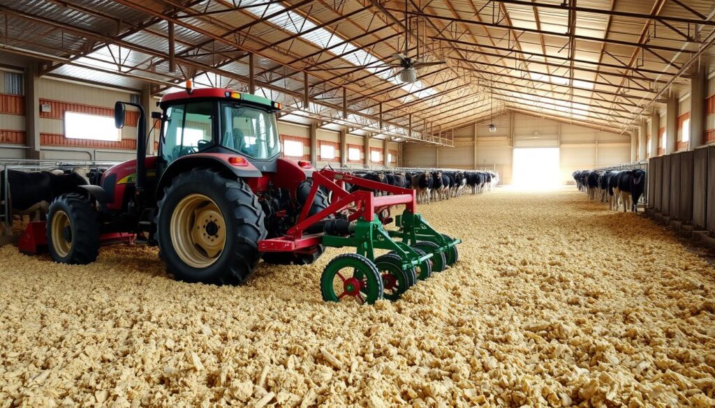 Processo de revolvimento da cama em um Compost Barn