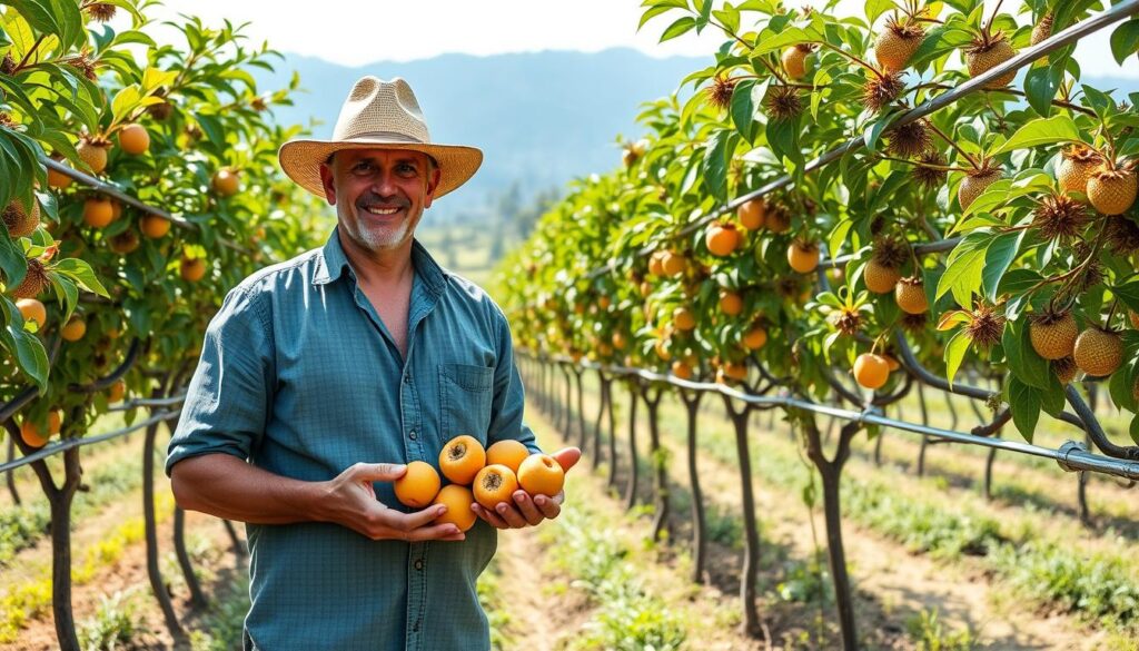 Produtor bem-sucedido em sua plantação de maracujá do cerrado para exportação