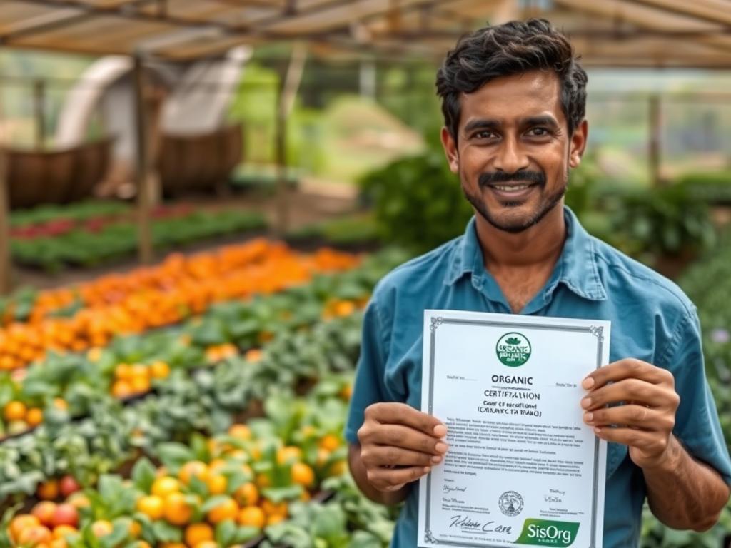 Produtor orgânico exibindo selo de certificação de produção orgânica local em sua propriedade