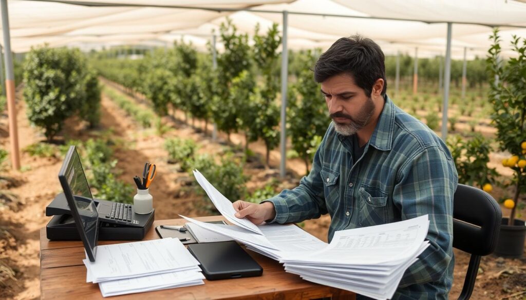 Produtor rural analisando documentos financeiros de um viveiro de mudas frutíferas