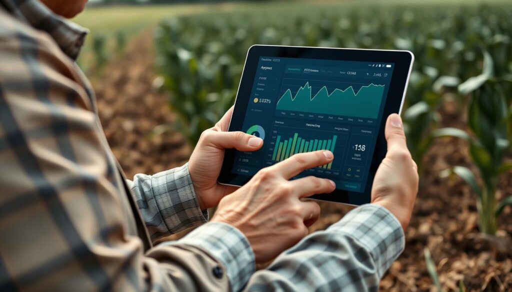 Produtor rural analisando gráficos de tokenização de safra em tablet