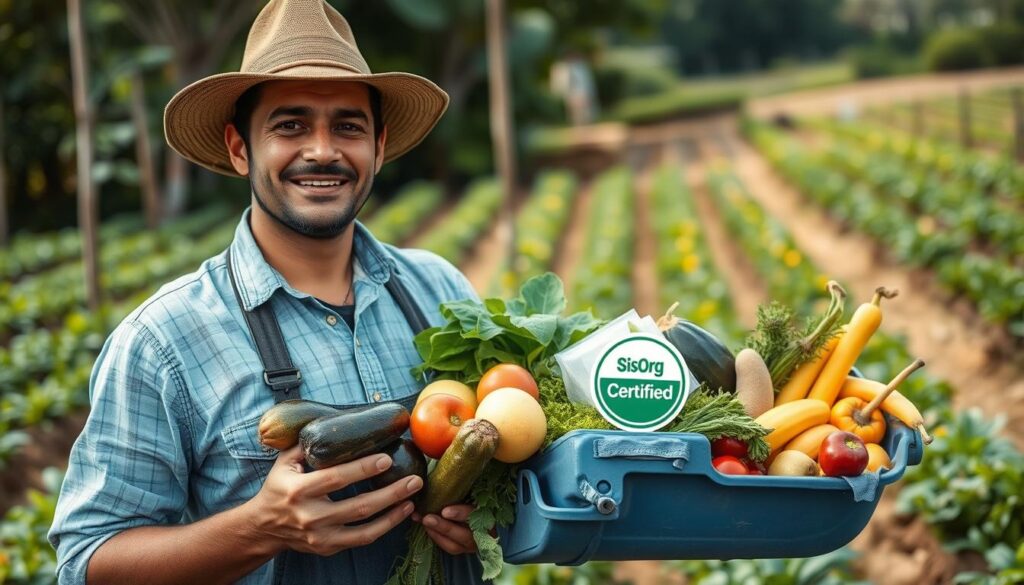Produtor rural exibindo produtos certificados com selo de certificação de produção orgânica local