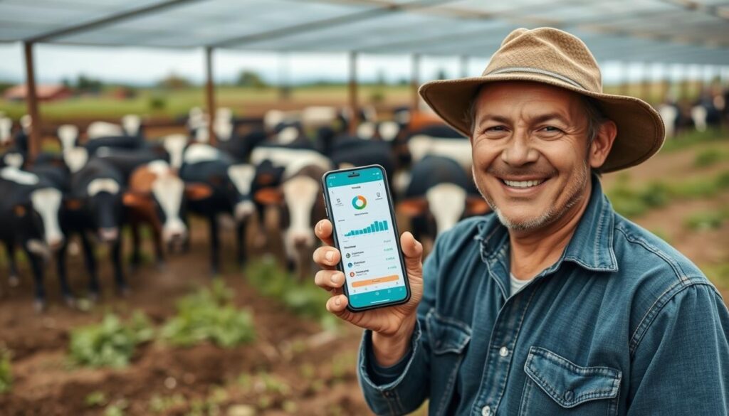 Produtor rural mostrando resultados obtidos com app gratuito para controle de estoque