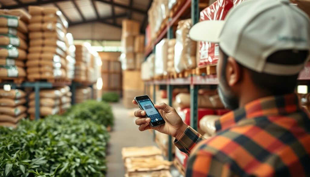 Produtor rural registrando entrada de produtos no app gratuito para controle de estoque