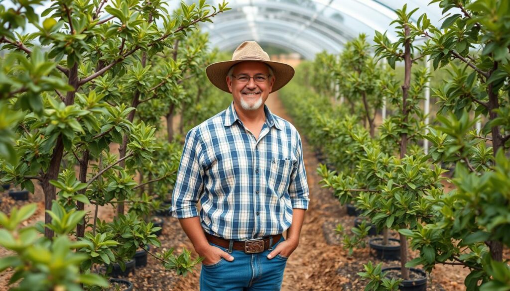 Produtor rural satisfeito com viveiro de mudas frutíferas lucrativo em pequena propriedade