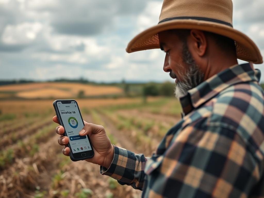 Produtor rural utilizando app gratuito para controle de estoque em área sem internet