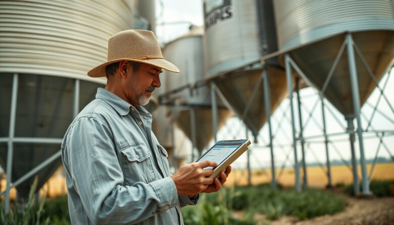 Produtor rural utilizando app gratuito para controle de estoque em um tablet enquanto observa o armazém de grãos