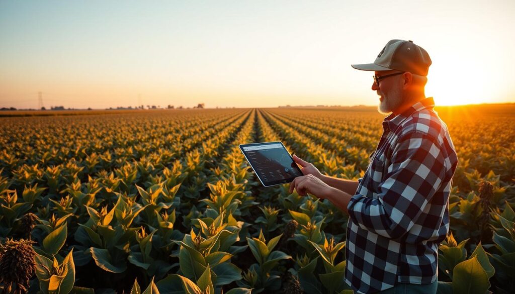 Produtor rural utilizando tecnologia de tokenização em campo de soja