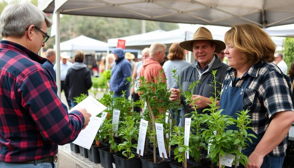 Produtor rural vendendo mudas frutíferas diretamente ao consumidor em feira local