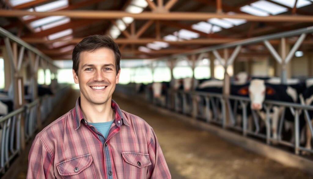 Produtor satisfeito com seu sistema de confinamento para gado leiteiro