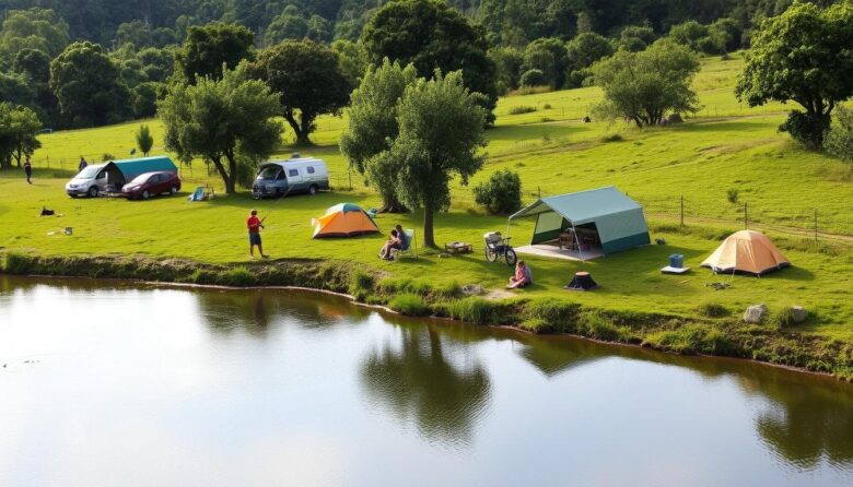 Propriedade rural transformada em ponto turístico com pesca e camping com visitantes desfrutando da natureza
