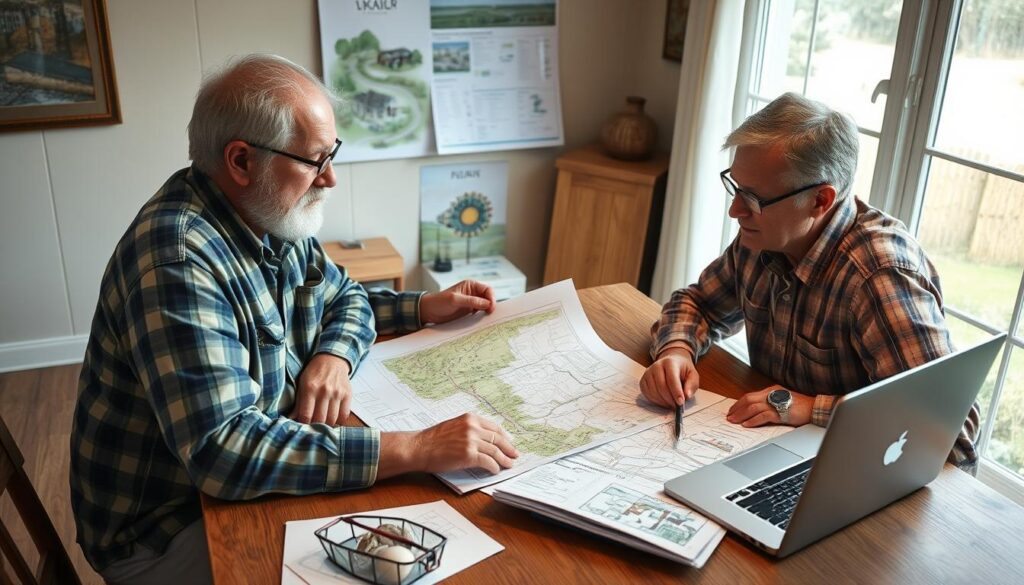Proprietário planejando a transformação de sua propriedade em ponto turístico com pesca e camping