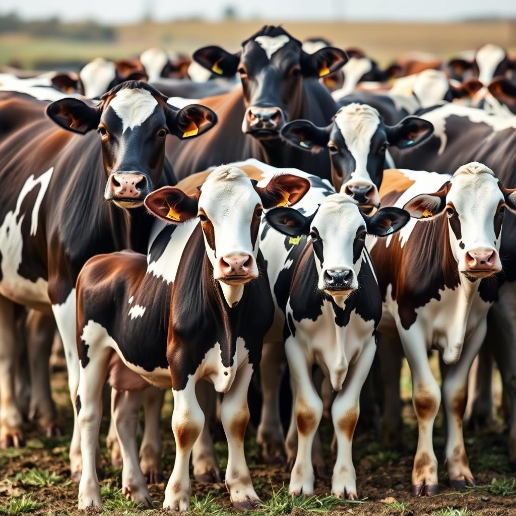 Rebanho de vacas leiteiras com diferentes tamanhos e padrões