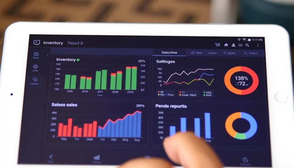 Relatório de estoque e vendas em tablet mostrando gráficos e dados de produção rural