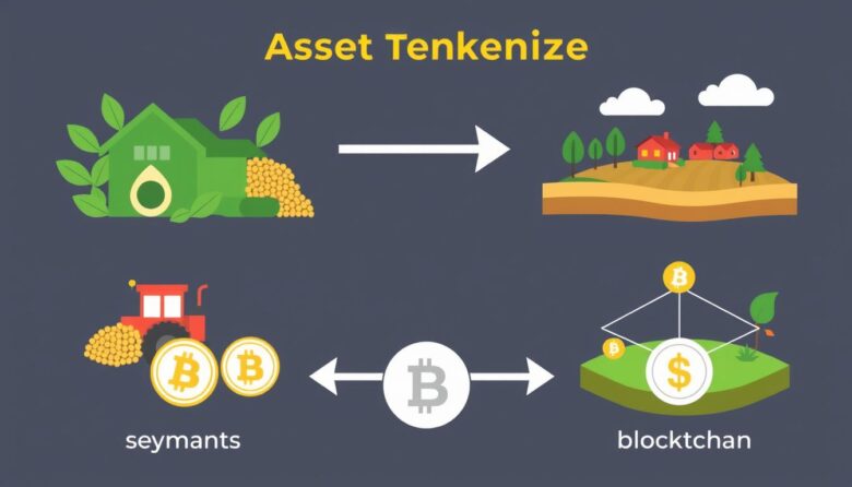 Representação visual da tokenização de ativo agrícola com blockchain e tokens digitais