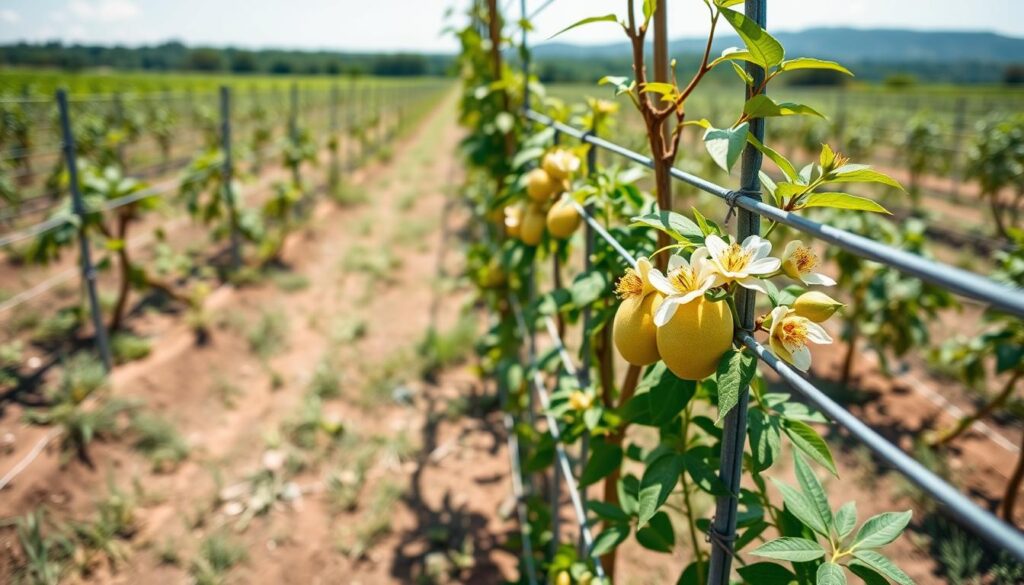 Sistema de condução em espaldeira para cultivo de maracujá do cerrado para exportação