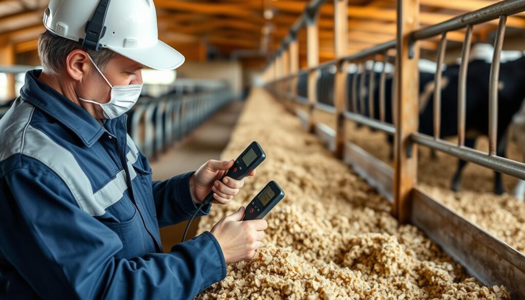 Técnico avaliando a qualidade da cama em sistema de confinamento
