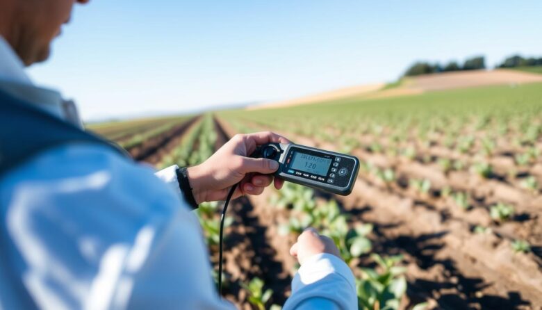 Técnico medindo carbono do solo com sensor portátil em uma fazenda sustentável