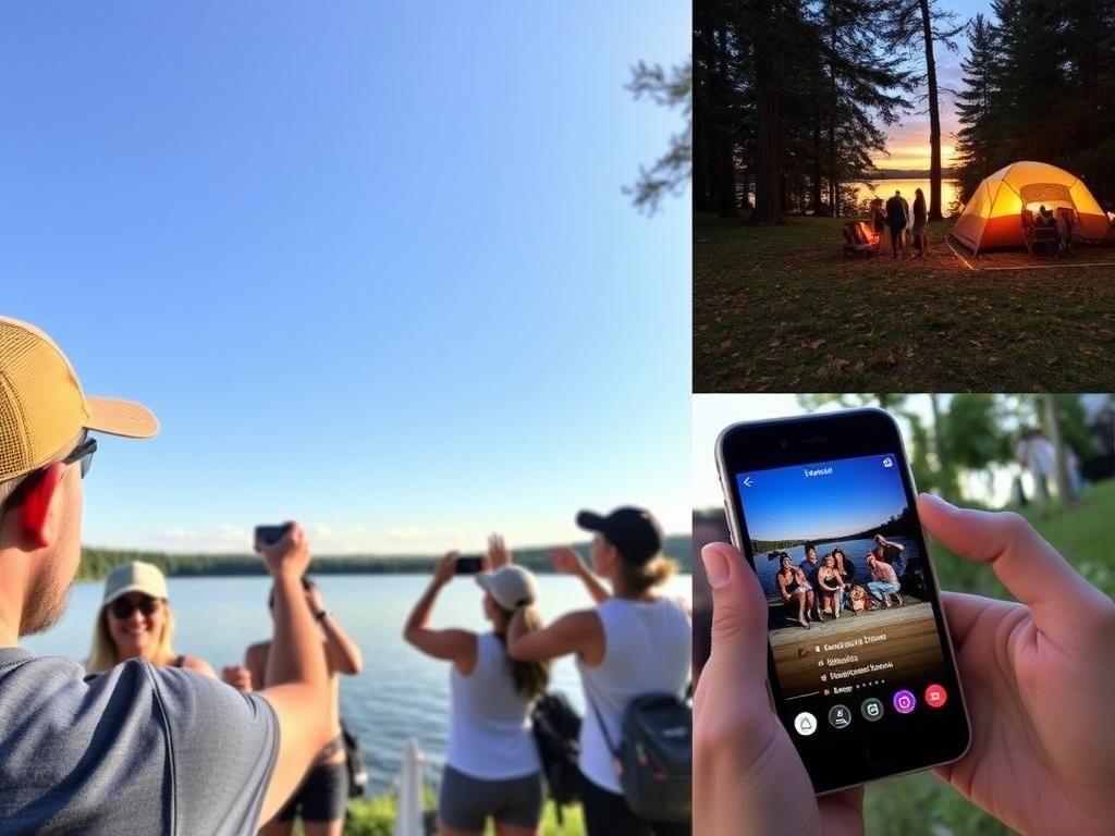 Turistas compartilhando experiências em redes sociais em ponto turístico de pesca e camping