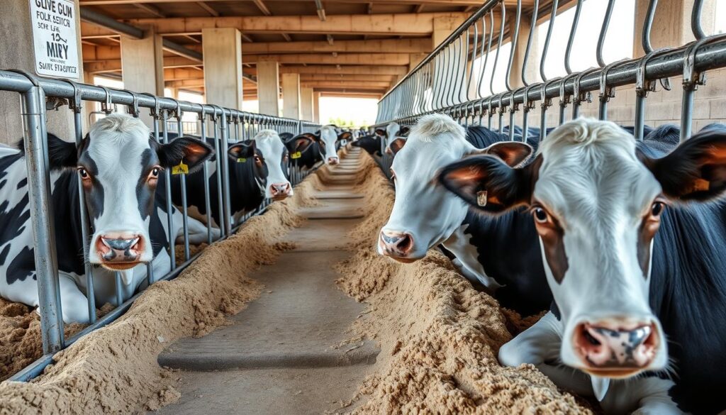 Vacas descansando em camas de Free Stall com areia