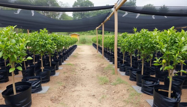 Viveiro de mudas frutíferas em pequena propriedade rural brasileira