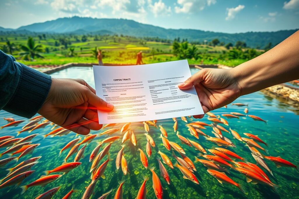 A beautifully rendered scene of two hands exchanging a cryptocurrency contract, set against a backdrop of an aquaculture farm with schools of vibrant tilapia swimming in crystal-clear water. The foreground features the contract details glowing with a warm, digital hue, highlighting the benefits of using blockchain technology to ensure secure, transparent transactions between the fish farmers and their buyers. The middle ground showcases the bustling aquaculture operations, with workers tending to the thriving fish ponds. In the distance, a panoramic view of the lush, verdant landscape frames the scene, conveying a sense of harmony and sustainability. The overall mood is one of innovation, trust, and prosperity in the aquaculture industry, powered by the advantages of crypto contracts.