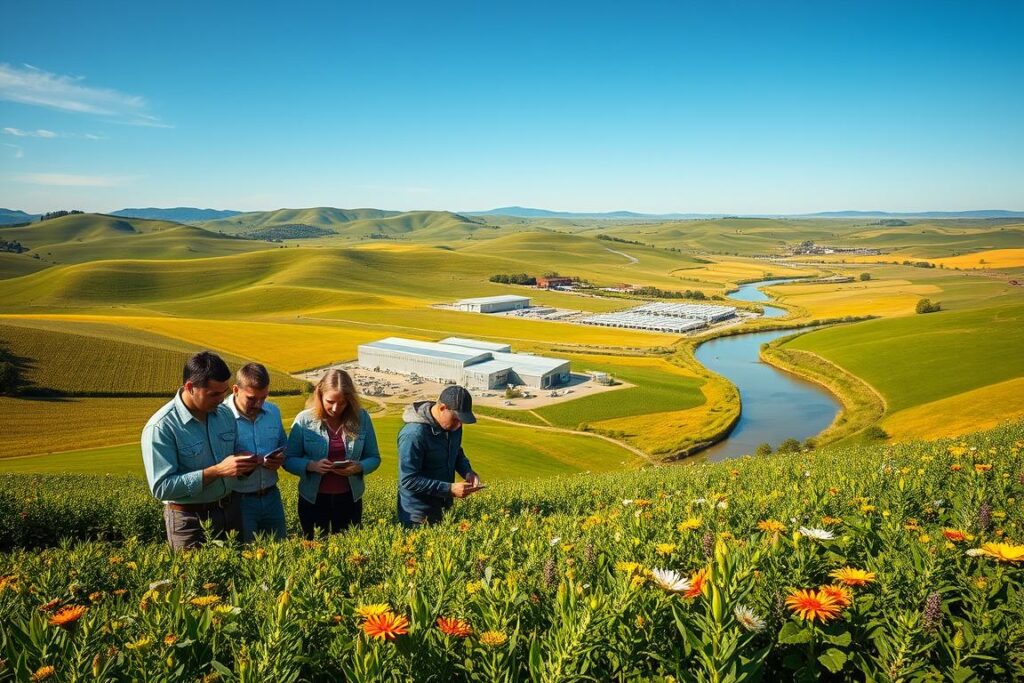 A bountiful agricultural landscape with rolling hills, lush green fields, and a clear blue sky overhead. In the foreground, a group of farmers carefully examining digital tokens on their smartphones, their faces illuminated by the glow of the screens. The middle ground features a modern processing facility, its sleek metal and glass structure blending seamlessly with the natural surroundings. In the background, a winding river flows, its banks dotted with vibrant wildflowers. The scene is bathed in warm, golden light, conveying a sense of prosperity and progress in the world of agricultural technology.