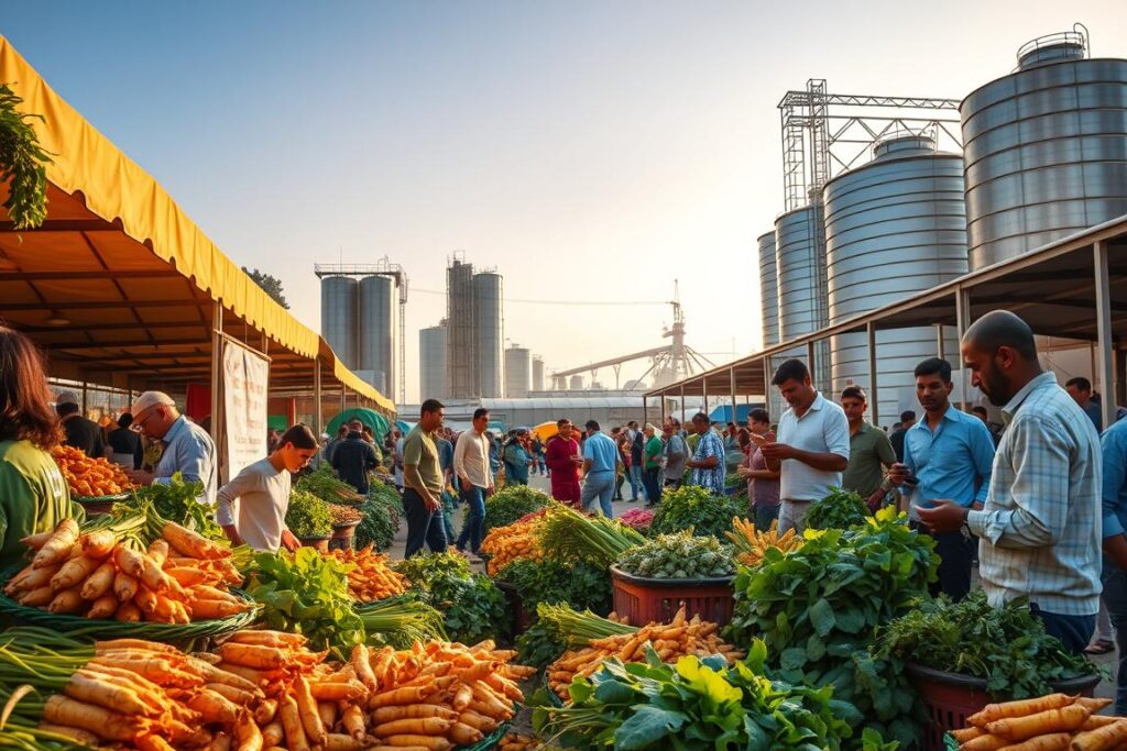 A bustling open-air crypto-agricultural market, bathed in warm, golden afternoon light. In the foreground, stalls display an abundance of vibrant, freshly harvested crops - plump turmeric roots, leafy greens, and fragrant herbs. Farmers and traders converse animatedly, negotiating digital contracts on their handheld devices. In the middle ground, towering grain silos stand as symbols of the market's role in the crypto-powered agricultural ecosystem. The background features a skyline of modern, high-tech greenhouses and processing facilities, hinting at the market's integration with cutting-edge precision farming and blockchain-based supply chains. An atmosphere of innovation, community, and agricultural abundance pervades the scene.