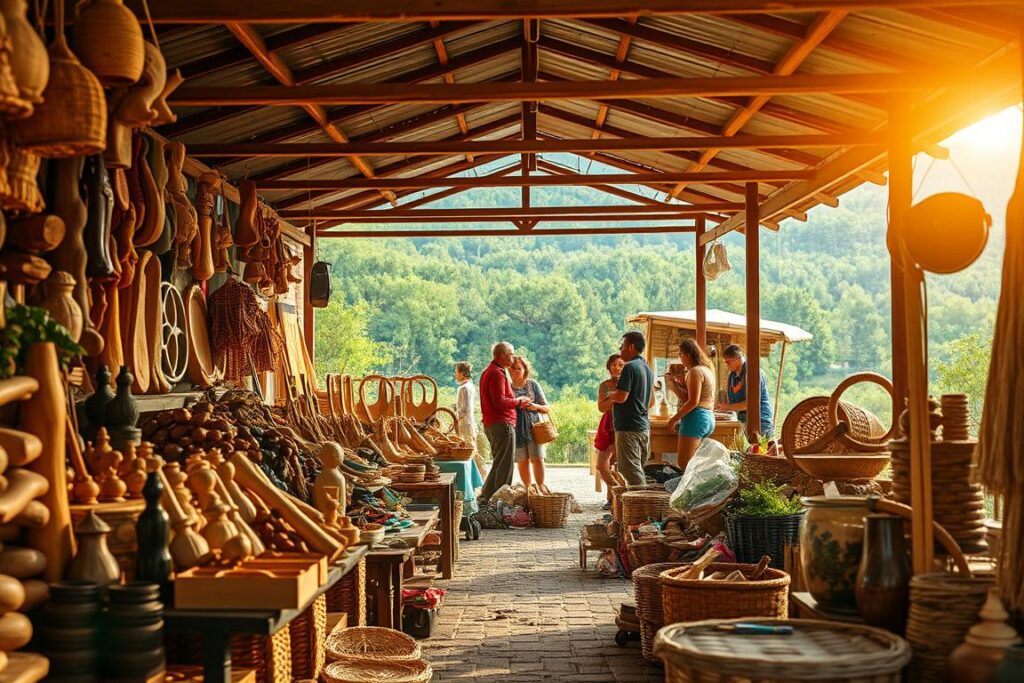 A bustling open-air forest products market, illuminated by warm natural light. In the foreground, an assortment of locally-sourced wood carvings, woven baskets, and other handcrafted forest items. In the middle ground, vendors and buyers negotiate prices, creating a lively, vibrant atmosphere. The background reveals a picturesque landscape of lush, verdant trees, hinting at the abundance of the local forest resources. The scene conveys a sense of community, sustainability, and the transformative potential of forest-based enterprises. Captured with a wide-angle lens to showcase the full scope of the market, creating an immersive and visually captivating image.