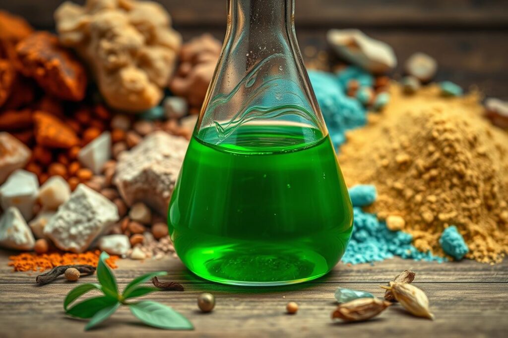 A close-up view of a glass flask filled with a vibrant green liquid, gently swirling against a backdrop of various mineral crystals and powders in shades of ochre, rust, and turquoise. The lighting is soft and diffused, creating a soothing, natural atmosphere. The flask is positioned on a wooden surface, with a few scattered dried herbs and leaves surrounding it. The overall composition conveys a sense of natural remedies, organic farming, and the potent power of mineral-based solutions for pest and disease control in small-scale agriculture.