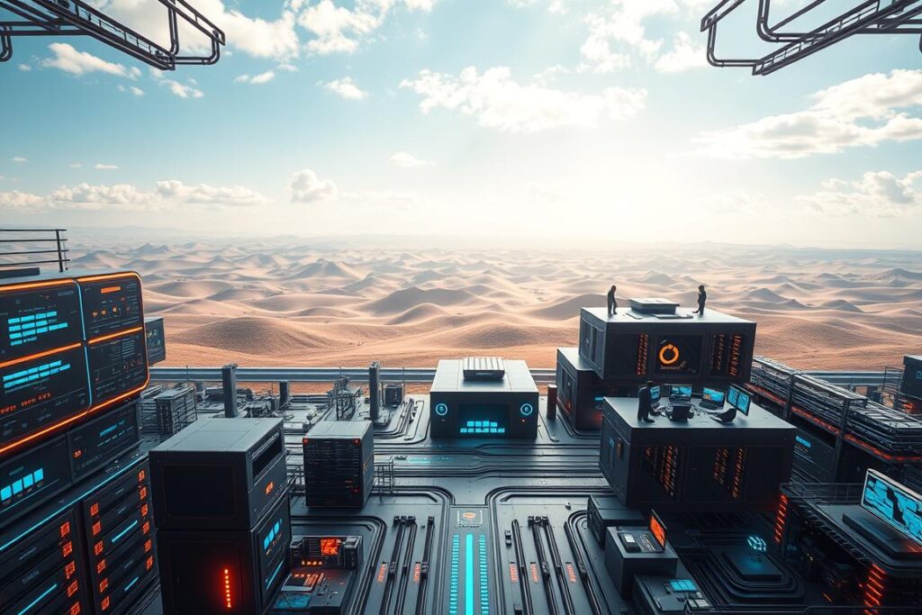 A futuristic, high-tech landscape depicting the technical infrastructure required for a tokenization project. In the foreground, a complex network of servers, data centers, and blockchain nodes hum with digital activity, their lights and screens casting a warm, azure glow. In the middle ground, sleek, modular buildings house the control centers, with engineers monitoring live token transactions and smart contract executions. The background features a panoramic view of rolling hills and a cloudless sky, symbolizing the scalability and sustainability of the system. The scene is captured through a wide-angle lens, conveying a sense of grandeur and interconnectedness, with a cinematic, almost utopian atmosphere.