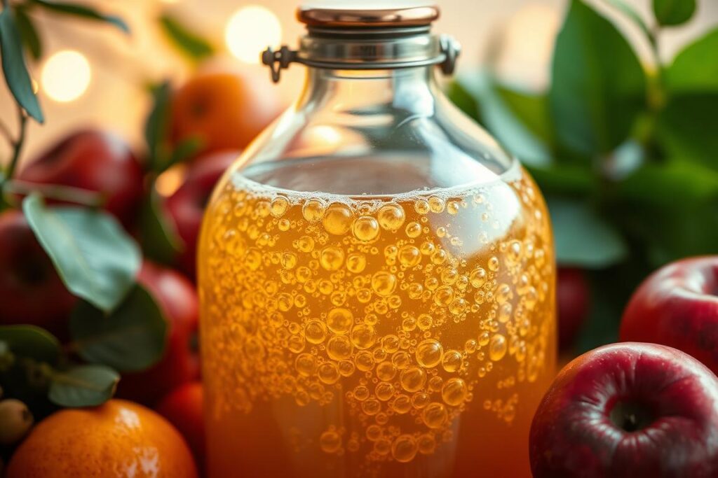 A glass demijohn filled with a bubbling, golden liquid, surrounded by ripe, juicy fruit and lush foliage. The fermentation process is in full swing, with tiny air bubbles rising to the surface, creating a mesmerizing display. Warm, soft lighting casts a cozy glow, highlighting the intricate details of the scene. A copper-colored airlock cap tops the demijohn, regulating the flow of gases. The composition is balanced, with the demijohn taking center stage, while the supporting elements of fruit and greenery frame it, creating a harmonious and visually appealing image.