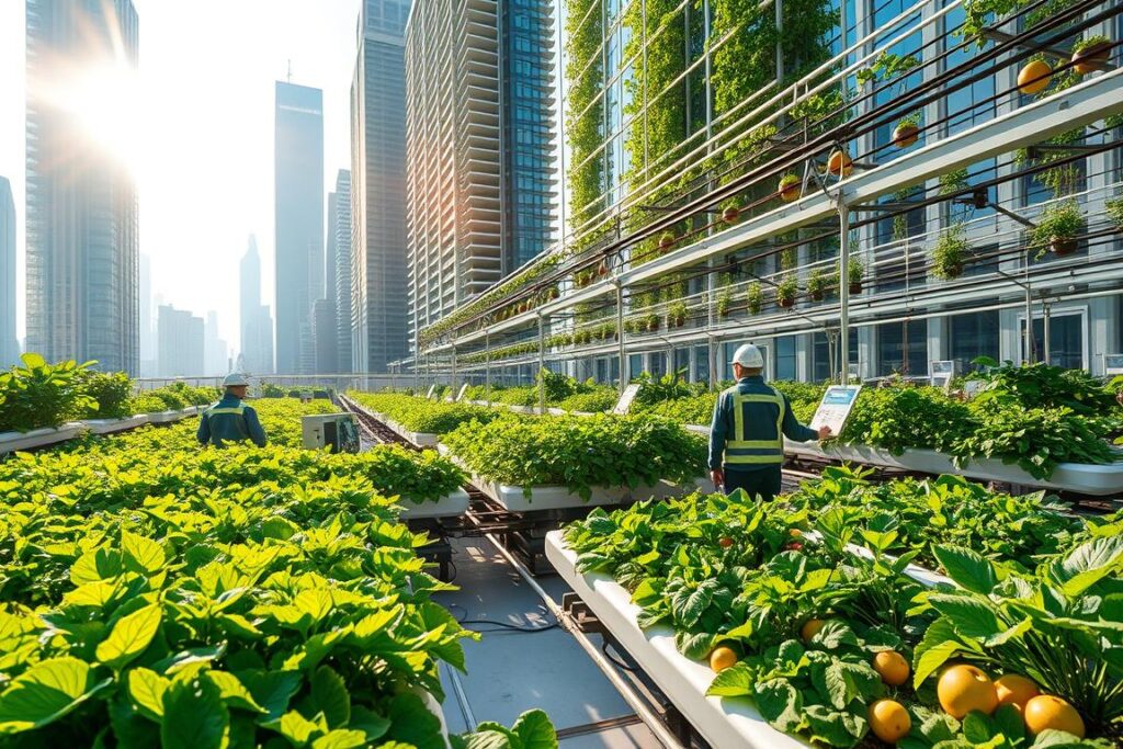 A high-tech urban farm nestled between towering skyscrapers, with advanced hydroponic systems, automated irrigation, and data-driven cultivation techniques. Sunlight filters through glass panels, casting a warm glow over the lush greenery. In the foreground, workers in protective gear tend to the thriving crops, monitoring sensors and adjusting parameters on sleek control panels. The middle ground showcases a diverse array of produce, from leafy greens to vibrant fruits, all grown in a carefully optimized environment. In the background, the city skyline serves as a striking contrast, highlighting the integration of nature and technology. The scene conveys a sense of innovative sustainability, where the challenges of limited space and resources have been creatively overcome.