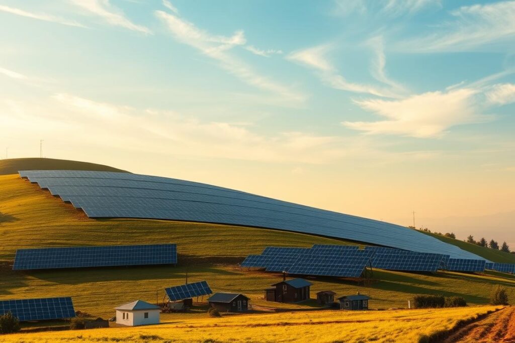 A large communal solar panel array sits atop a rolling green hillside, bathed in warm golden sunlight. In the foreground, several small rural homes and structures dot the landscape, connected to the solar grid via a blockchain-based token system that enables shared energy production and distribution. The middle ground features rows of sleek, efficient solar panels, their reflective surfaces capturing the sun's rays. In the distance, a hazy blue sky with wispy clouds creates a serene, pastoral atmosphere. The scene conveys a sense of sustainable, decentralized energy generation empowering small-scale rural producers.
