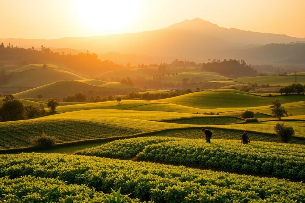 A lush, expansive agricultural landscape with rolling hills and verdant fields, bathed in the warm, golden glow of the afternoon sun. In the foreground, a small group of farmers tend to their crops, their faces illuminated by the soft, diffused light. In the middle ground, a sleek, modern platform stands prominently, its integrated blockchain technology and user-friendly interface showcasing the power of digital tokenization for these rural communities. In the background, a towering mountain range frames the scene, hinting at the vast, untapped potential of these small-scale agricultural operations. The overall atmosphere conveys a sense of harmony, innovation, and a promising future for these hardworking farmers, made possible by the revolutionary ONDO platform and the XDC network.